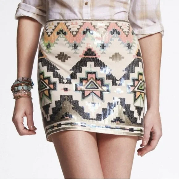 Express Skirts Express Cream Multicolor Sequin Tribal Aztec